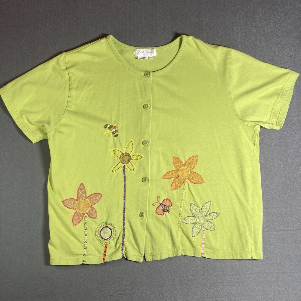 VTG Great Cavalier Embroidered Flower Top Short Sleeve Lime Green Button Up Sz L